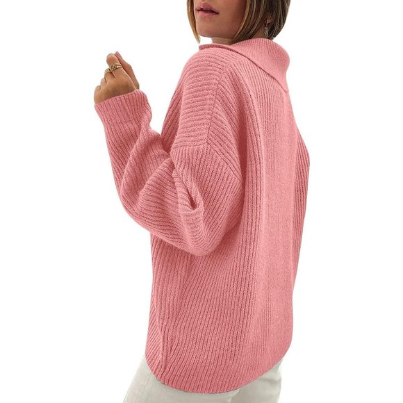 Women's Snap-Buttons Foldover Collar Henley Knitted Pullover Sweater Tops - Picture 5 of 5